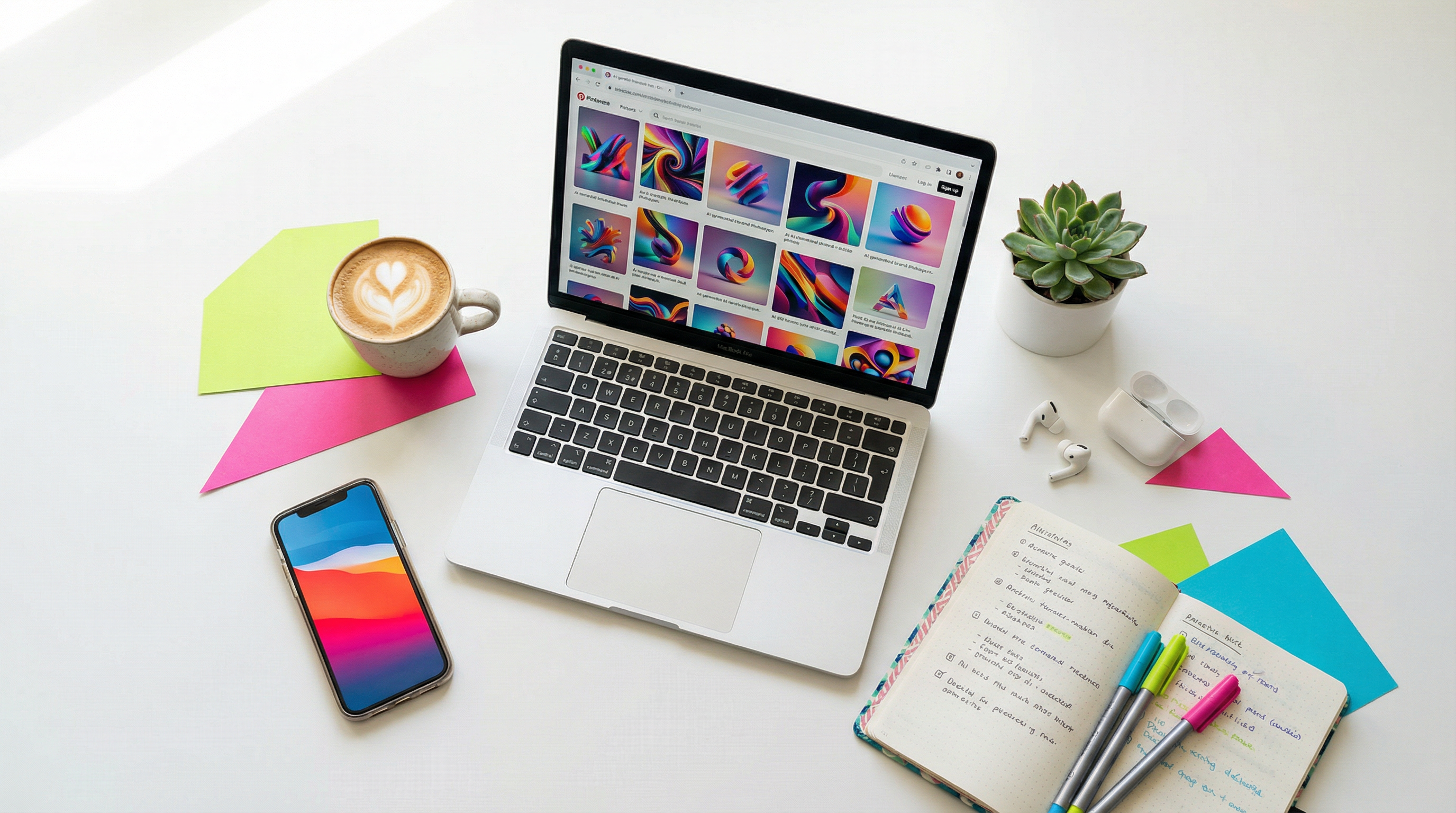 Creative workspace with AI-generated photos